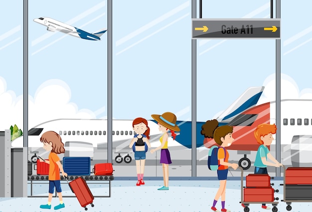 Airport terminal scene with passengers