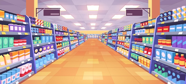 Aisle in grocery store shelves vector background