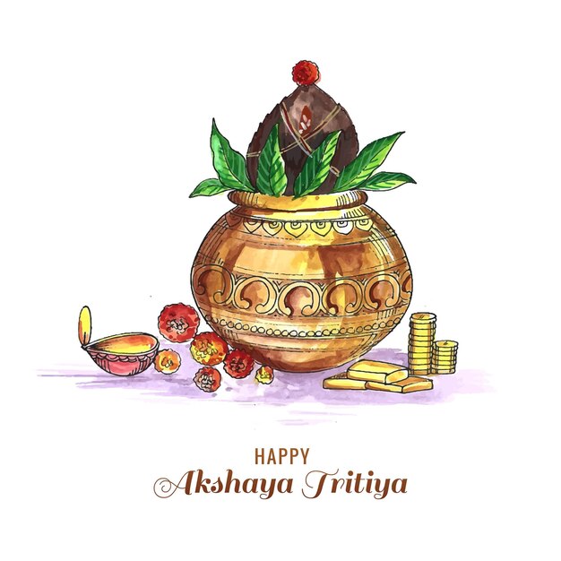 Akshaya Tritiya celebration with a golden kalash background