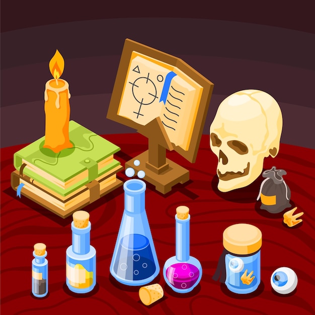 Alchemy magical tools with skull old books candle flasks isometric background 3d vector illustration