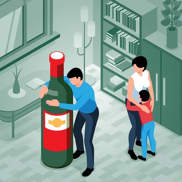 Free Vector alcohol addiction isometric concept with addicted man hugging bottle of wine and his frightened family 3d vector illustration