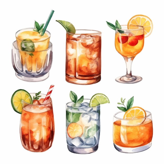 Alcohol cocktail collection Watercolor illustration Drinks clipart