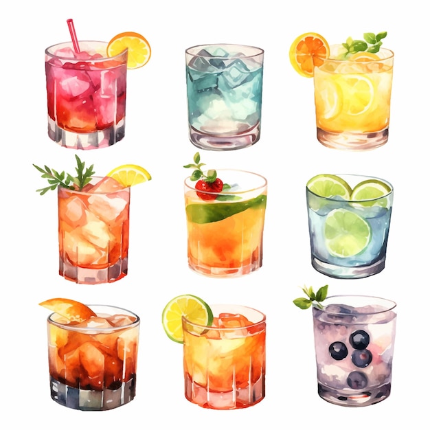 Alcohol cocktail collection Watercolor illustration Drinks clipart