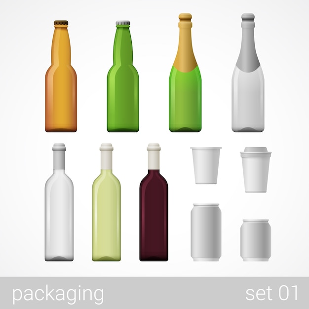 Alcohol wine champagne beer coffee drink glass bottles metal can paper cardboard package set