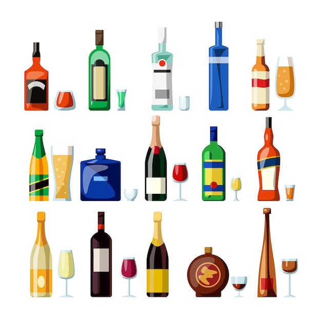 Free vector alcoholic beverages in glasses and bottles of different shape with labels cartoon vector illustration set. beer, wine, whiskey and other alcohol drinks