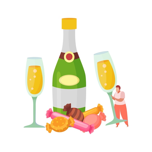 Alcoholic drinks cocktails flat composition with glasses of champagne bunch of candies and bottle vector illustration