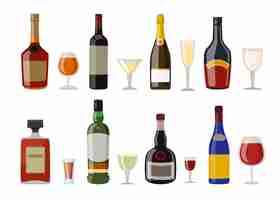 Free vector alcoholic drinks and glasses vector illustrations set. liquor bottles of different shapes with labels, whiskey, rum, wine isolated