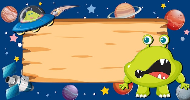 Alien Monster on Outer Space Wooden Border Frame