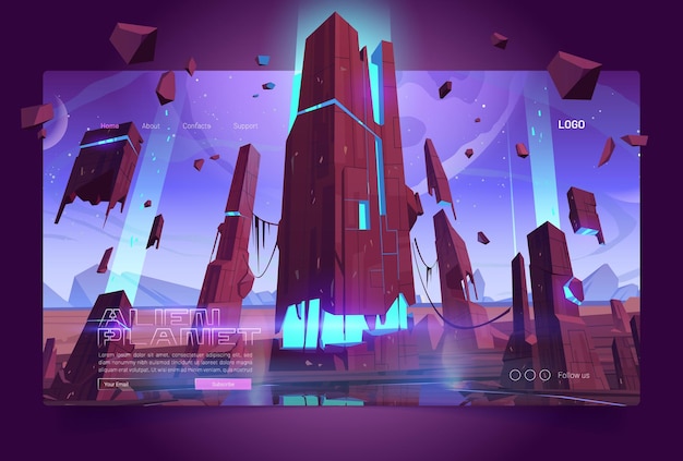 Alien planet banner with land surface and futuristic building ruins with glowing blue cracks landing page with cartoon fantasy illustration of outer space with stars and alien planet surface