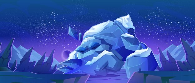 Alien planet landscape, cosmic background with rock lumps or mountains under night sky with glowing stars and shining sphere in space. Extraterrestrial pc game backdrop, Cartoon vector illustration