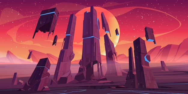 Free Vector alien planet landscape with rocks and futuristic building ruins with glowing blue cracks.