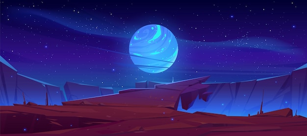 Free Vector alien planet surface, futuristic landscape with glowing moon or satellite above rock cliff in dark starry sky