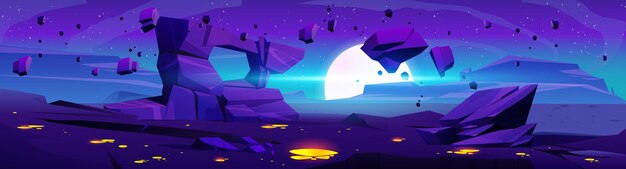 Alien planet surface with stones and puddles of yellow substance on ground Vector cartoon illustration of dark rocky landscape moon stars rocks floating in night sky Adventure game background