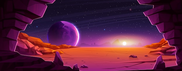 Free Vector alien red planet landscape cartoon background