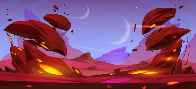 Free vector alien space planet cartoon landscape background mars desert game cartoon vector illustration with rock red ground and moon in sky futuristic martian surface outer cosmos scene with glow scenery