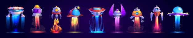 Free Vector alien space ships cartoon ufo saucers and rockets