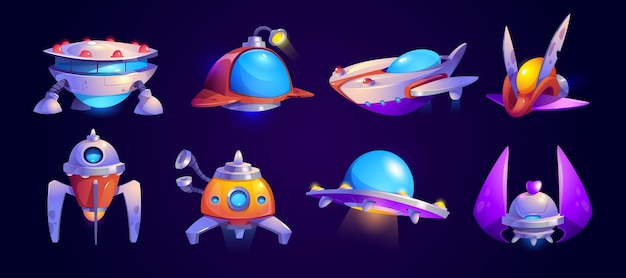 Alien spaceship ufo game icons vector set