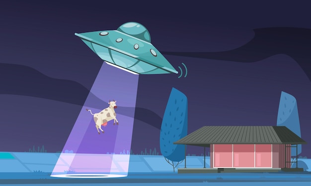 Alien ufo cow composition with outdoor night view of field and ufo light ray abducting cow 