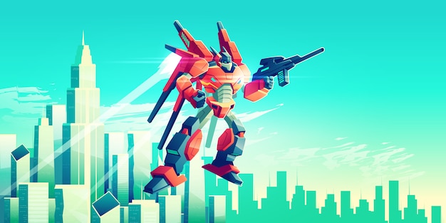 Free Vector alien warrior, armed transformer robot flying in sky under modern metropolis skyscrapers