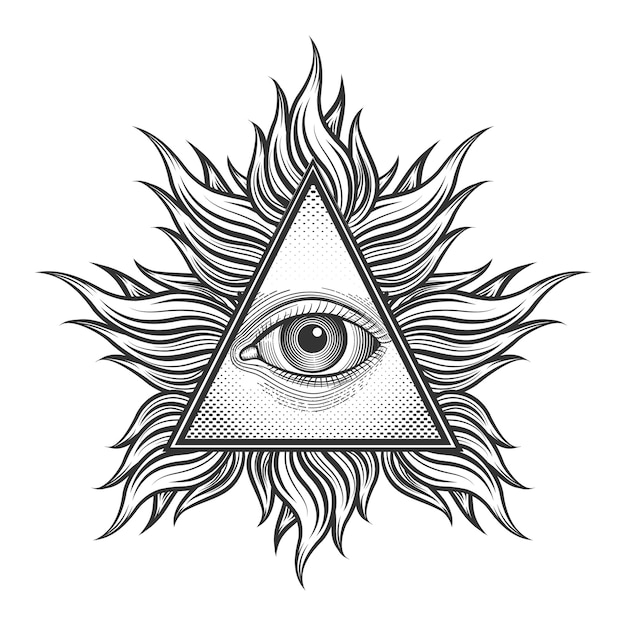 Free Vector all seeing eye pyramid symbol in the engraving tattoo style. freemason and spiritual, illuminati and religion, triangle magic, 