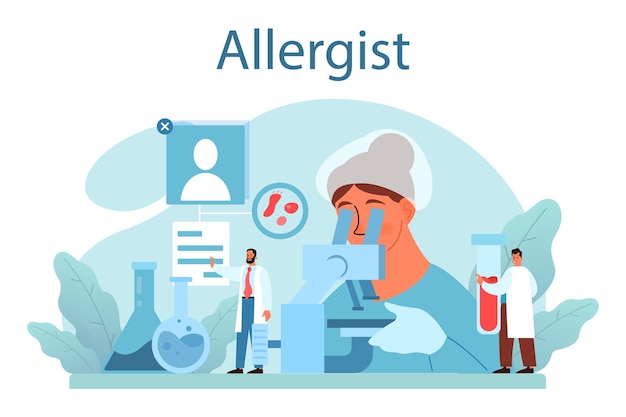 Free vector allergist concept disease with allergy symptom medical allergology diagnostic testing and treatment care for health vector illustration in flat style