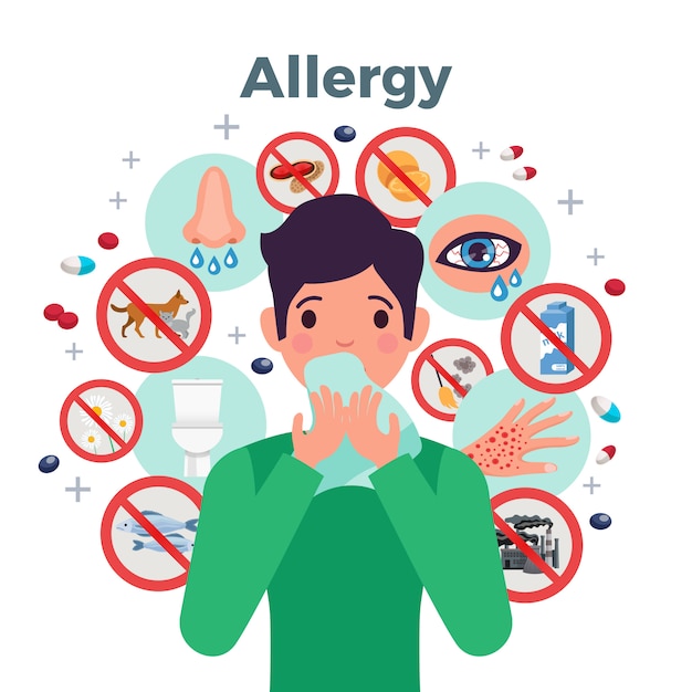 Free Vector allergy concept with risk factors and symptoms, flat vector illustration