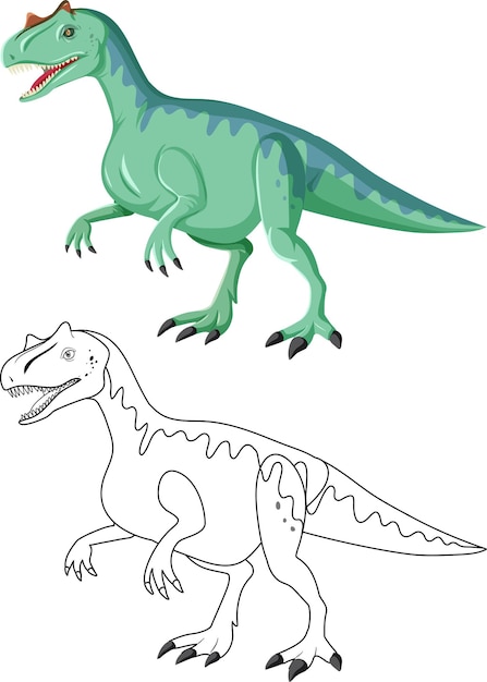 Allosaurus dinosaur with its doodle outline on white background