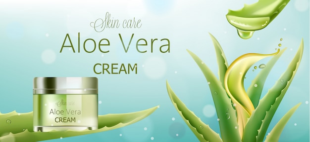 Aloe vera cream for skin care. Green plant and bubbles background