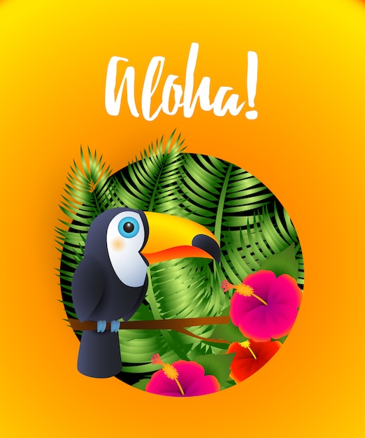 Aloha lettering with tropical plants and toucan in circle