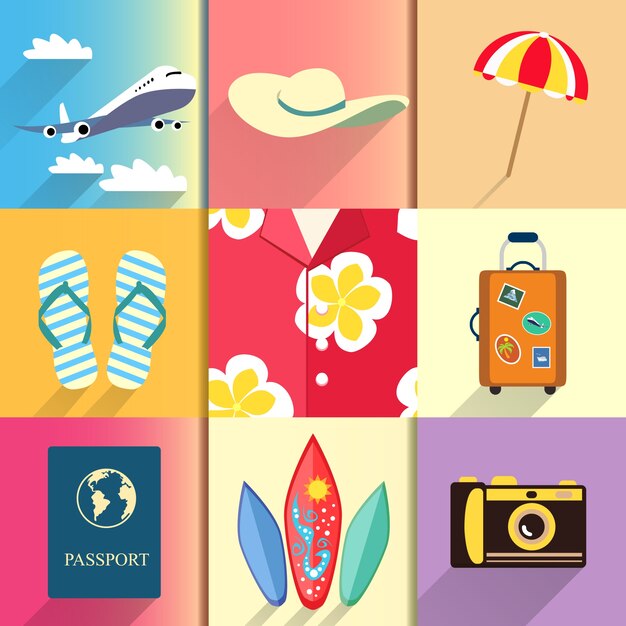 Aloha shirt. Travel and vacation icons set with plane passport and suitcase shoes vector illustration