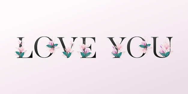 Alphabet letters with watercolor flowers on soft pink background. Beautiful typography design "love"