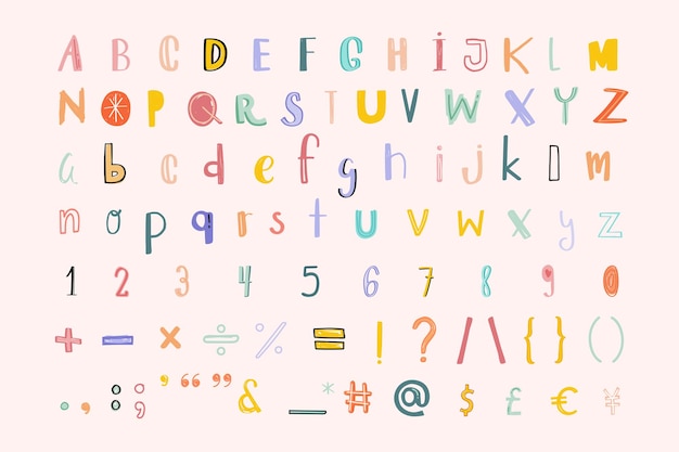 Alphabet numbers punctuations doodle font pastel set