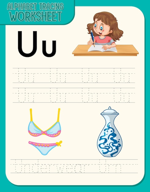 Alphabet tracing worksheet with letter U and u