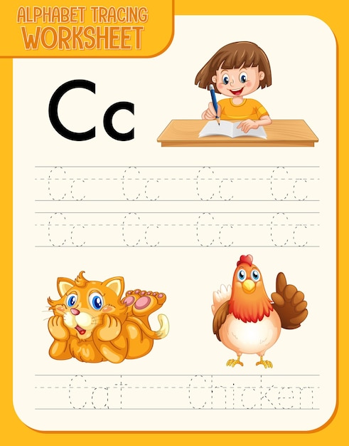 Alphabet tracing worksheet with letter and vocabulary