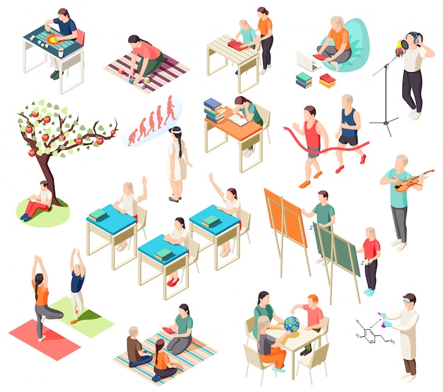 Free Vector alternative education isometric icons collection with isolated illustration of schooling situations with human characters of pupils