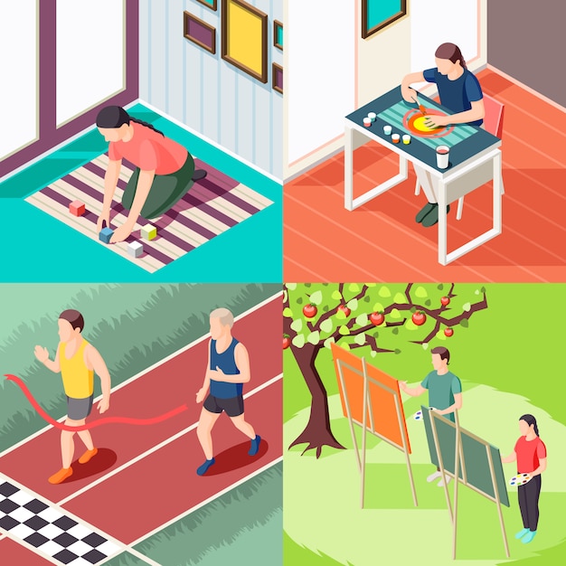 Alternative education sport activity painting classes and innovative learning methods isometric concept isolated