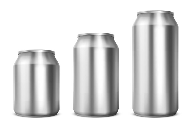 Aluminium cans different sizes for soda or beer isolated on white background. Vector realistic mockup of metal tin cans for drink front view. 3d template of blank silver package for cold beverage