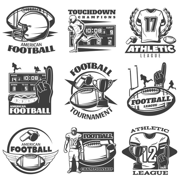 American football black white emblems with player trophy foam hand sports clothing and equipment isolated