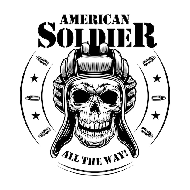 American tankman skull vector illustration. Heal of skeleton in tankman hat, circular frame with stars and bullets, all the way text. Military or army concept for emblems or tattoo templates