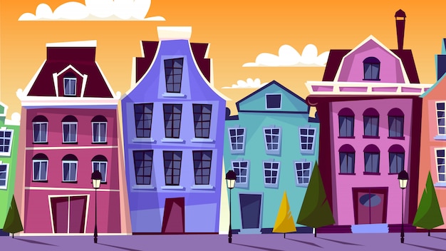 Free Vector amsterdam cityscape illustration. cartoon amsterdam streets and traditional old houses