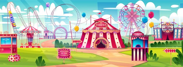 Amusement park carnival funfair with circus tent