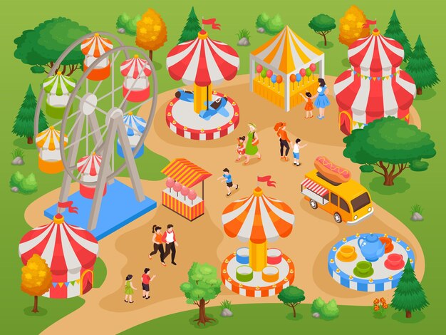 Amusement park for children with attractions and fun isometric background illustration