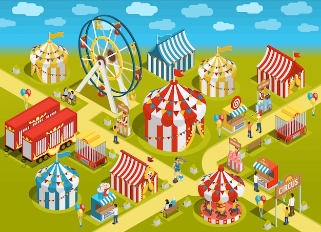 Free Vector amusement park circus attractions isometric illustration