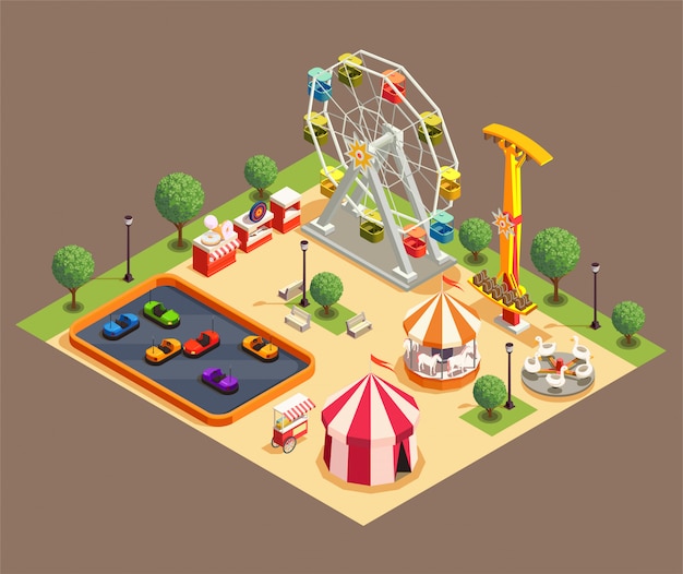 Amusement park colorful composition with circus and various attractions 3d isometric 