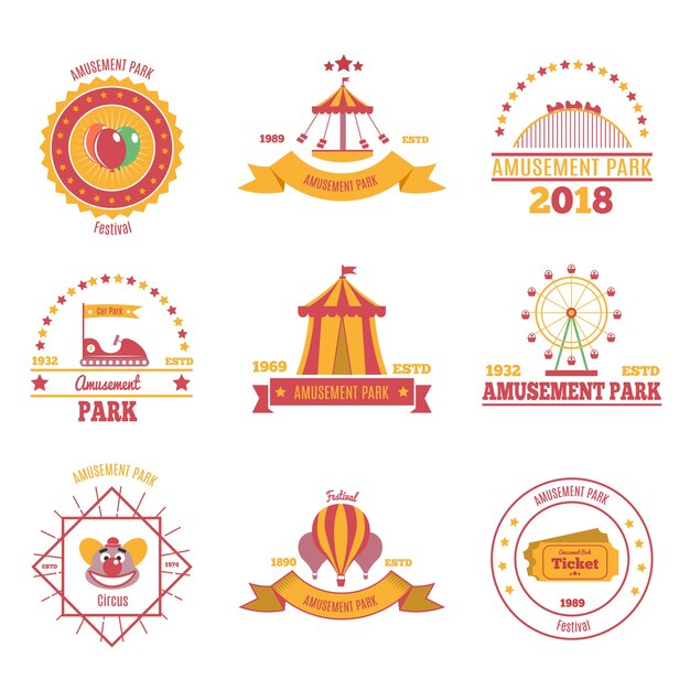 Amusement park colorful emblems set of nine flat compositions with pavilion aerostat and fairground attraction images illustration