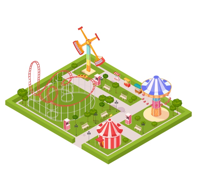 Amusement park design composition with circus tent roller coaster carousel giant swing cartoon isometric icons 