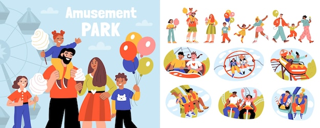 Free Vector amusement park flat composition with cartoon style characters of family members having good time taking rides vector illustration