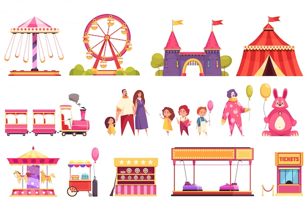 Amusement park isolated icons set of autodrome train carousel medieval castle attractions circus tent and visitors cartoon  illustration