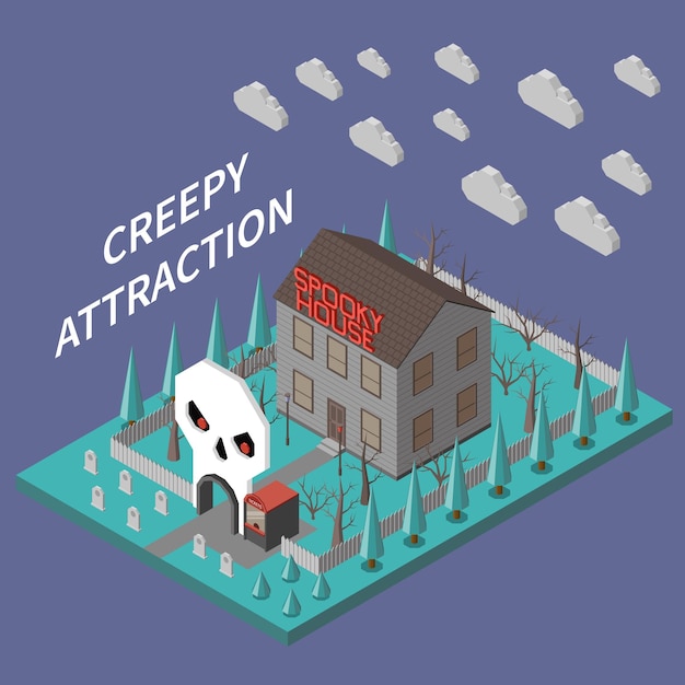 Free Vector amusement park isometric composition with isolated view of creepy attraction house spooky entrance and editable text vector illustration