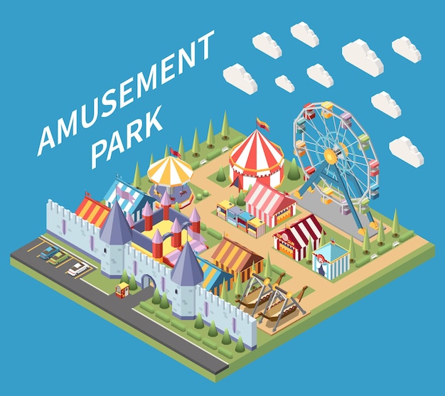 Free Vector amusement park isometric composition with isolated view of recreation area with medieval style wall and attractions vector illustration